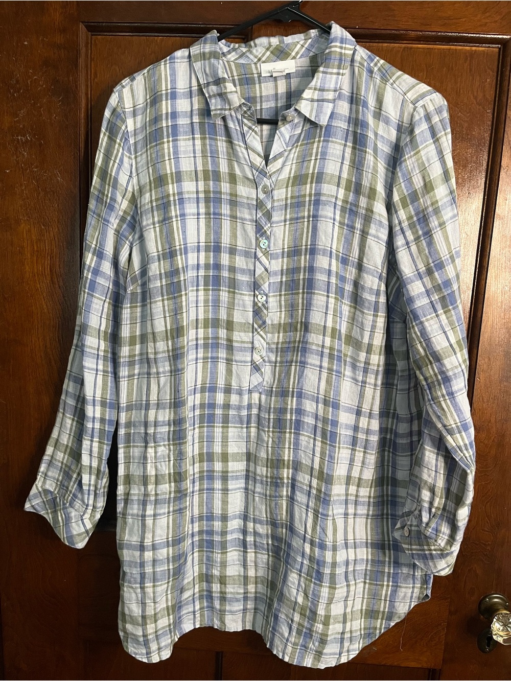 J Jill Love Linen 100% Linen Plaid Tunic With Pockets Medium Coastal